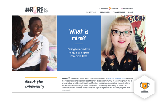 Screenshot of a website with the title #RAREis, featuring a smiling boy and woman on the left, and a blonde woman with glasses on the right. A blue text box reads What is rare? Going to incredible lengths to impact incredible lives through award-winning campaigns.
