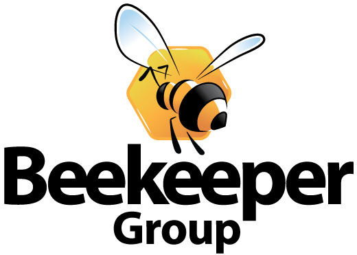 Logo for Beekeeper Group with a buzzing, stylized bee and a yellow hexagon hive cell above the words Beekeeper Group in bold black text—reflecting the energy of the brand.