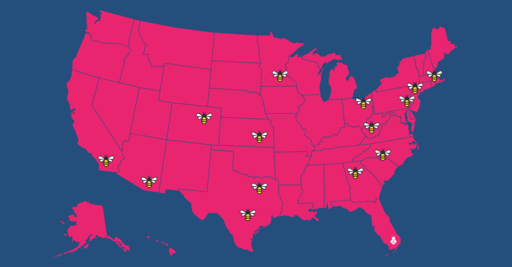 A map of the United States colored pink with cartoon bees marking states like Texas, Florida, and California. The dark blue background highlights buzzworthy locations for Fall updates from Beekeeper Group.