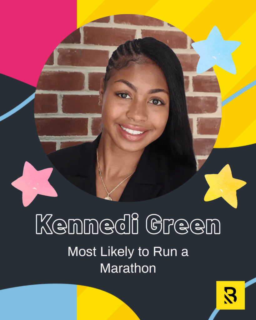 10 A smiling woman with long dark hair, wearing a black blazer and necklaces, is pictured in front of a brick wall. Colorful stars and geometric shapes decorate the background. Text reads: Kennedi Green—Staff Superlatives: Most Likely to Run a Marathon.
