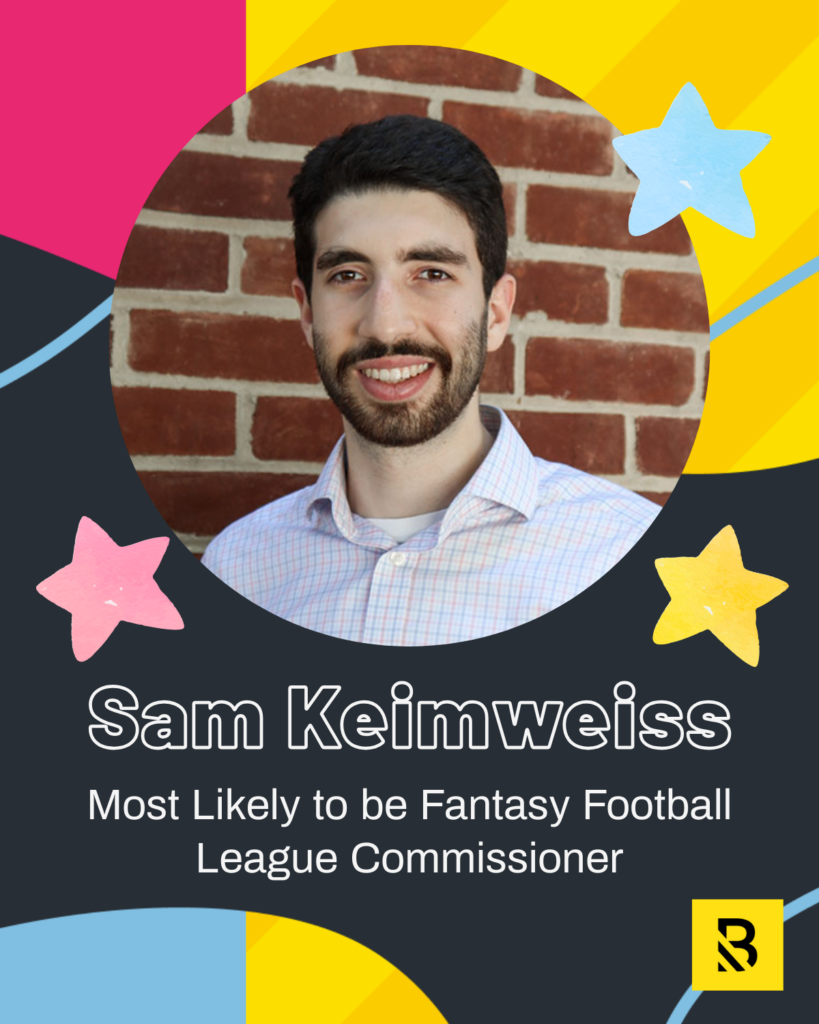 11 A smiling man with dark hair and a beard, wearing a light plaid shirt, is pictured against a brick wall. The graphic reads Sam Keimweiss: Most Likely to be Fantasy Football League Commissioner, part of our Staff Superlatives, with colorful stars and shapes.