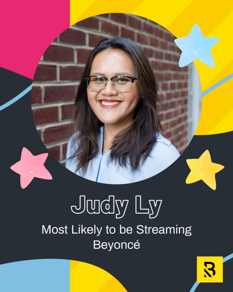 12 A smiling woman with glasses and long brown hair is shown in a circular frame against a brick wall. The graphic reads Judy Ly, Most Likely to be Streaming Beyoncé, as part of Inside the Hive Staff Superlatives, with colorful stars and shapes in the background.
