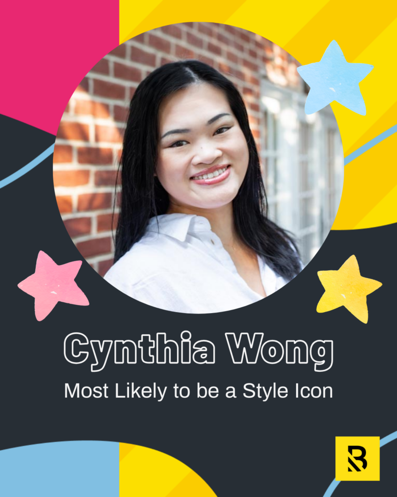 19 A woman with long dark hair smiles in front of a brick wall. The design features colorful stars and shapes, with the text: Cynthia Wong – Most Likely to be a Style Icon, part of our Staff Superlatives recognition at the bottom.