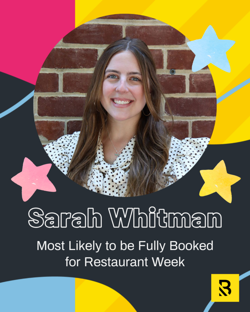 21 A woman with long brown hair, wearing a white polka dot blouse, smiles in front of a brick wall. Text reads: Sarah Whitman, Staff Superlatives—Most Likely to be Fully Booked for Restaurant Week. Colorful stars and shapes decorate the image.