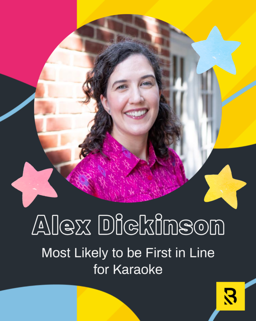 6 A woman with curly dark hair, wearing a bright pink patterned shirt, smiles in front of a brick wall. The graphic reads “Alex Dickinson: Most Likely to be First in Line for Karaoke” for Inside the Hive Staff Superlatives, with colorful stars and shapes.