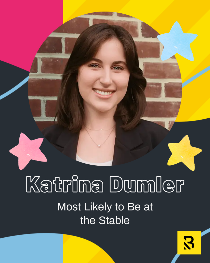 7 A young woman with shoulder-length brown hair smiles in front of a brick wall. The design features colorful stars and shapes, Staff Superlatives text: Katrina Dumler - Most Likely to Be at the Stable, and a yellow R logo at the bottom.