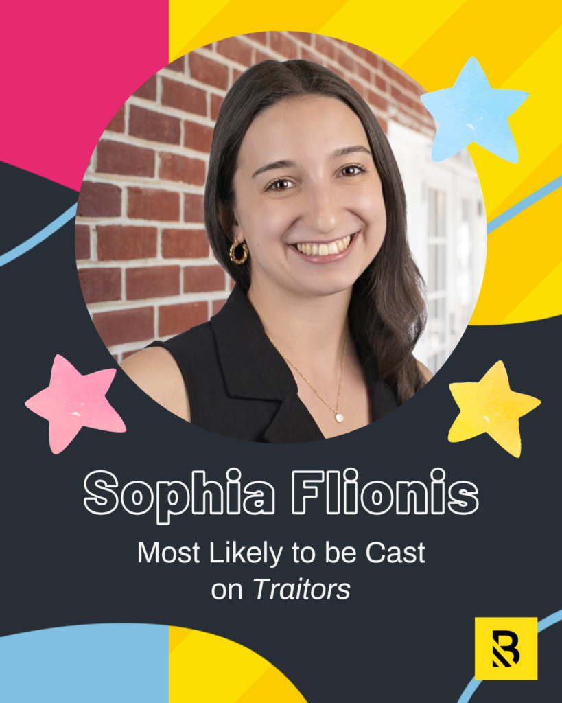 8 A smiling woman with long brown hair stands in front of a brick wall. Text below reads, Sophia Flionis, Staff Superlatives: Most Likely to be Cast on Traitors. Colorful stars and abstract shapes decorate the background.