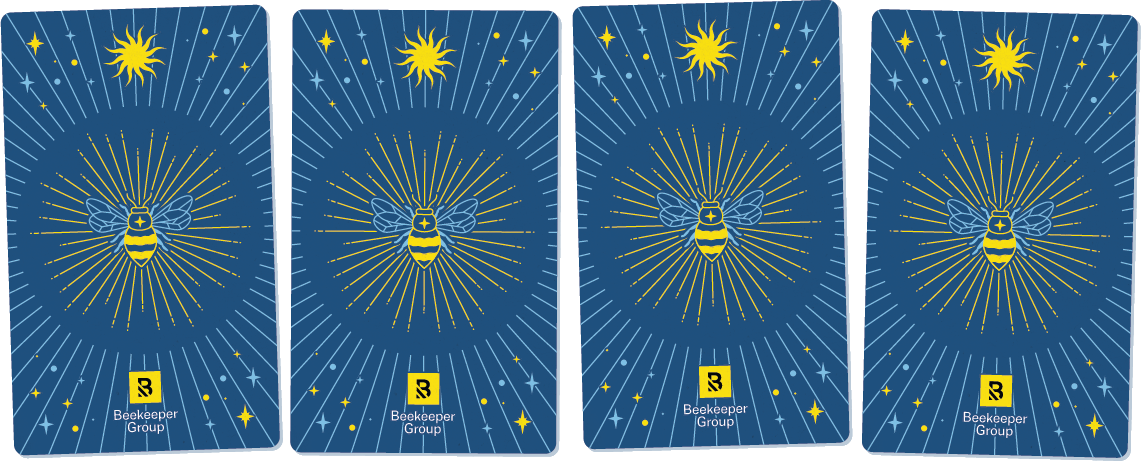 Four playing cards laid face down, each with a blue background featuring a yellow bee with radiating lines, small stars, a sun at the top, and the Beekeeper Group logo at the bottom—an artful nod to A Guide to Navigating AI.