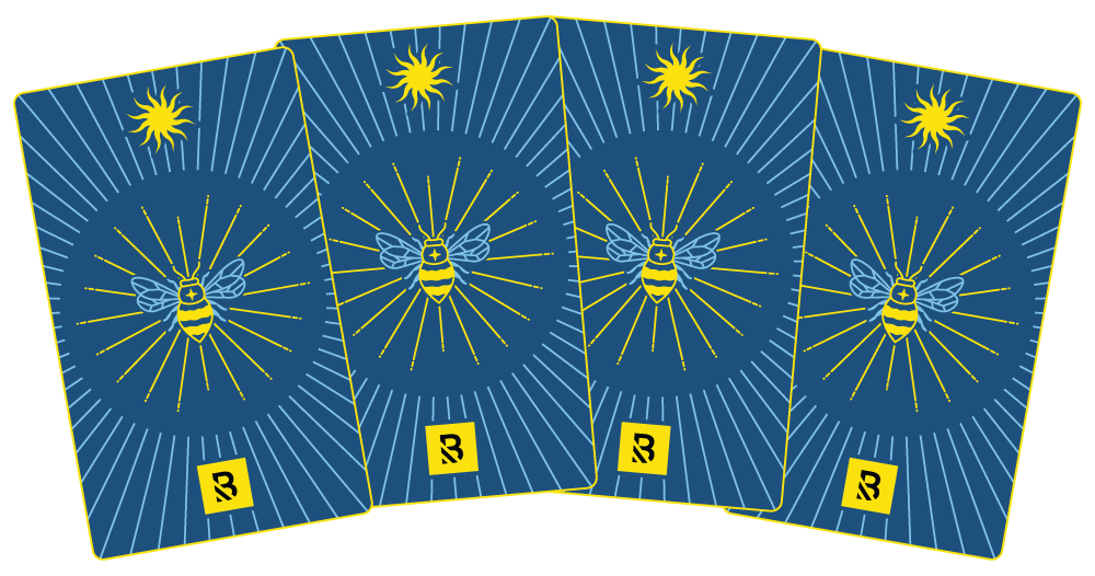 Four tarot cards with blue backs, each featuring a yellow and blue bee at the center—symbolizing importance in decision making—radiating yellow lines, a yellow sun at the top, and a yellow rectangle with a black symbol at the bottom.