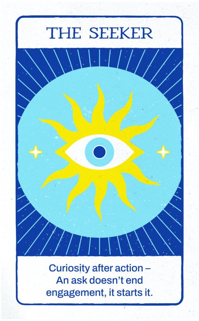 A tarot-style card titled The Seeker features a central eye over a yellow sunburst with two small stars on a bright blue background. Text below reads: Curiosity after first action—An ask doesn’t end engagement, it starts it.