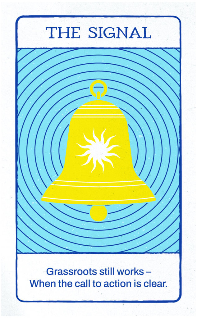 A yellow bell with a white sun symbol is centered on blue concentric circles. Text above reads The Signal. Below, it says, Grassroots still works — When the importance of first action is clear.