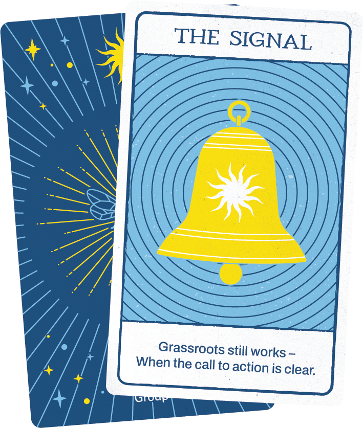 A tarot-style card titled The Signal features a yellow bell with a white sunburst on a blue, radiating background. The text reads: Grassroots still works — When the call to action is clear. A guide to navigating AI for modern change-makers.