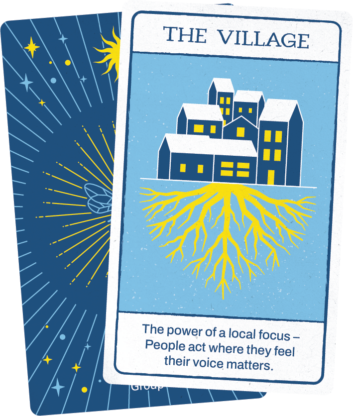 A tarot-style card labeled The Village shows buildings with yellow roots beneath them. The text reads: The power of a local focus—People act where they feel their voice matters. It’s like A Guide to Navigating AI—community and clarity at the center.
