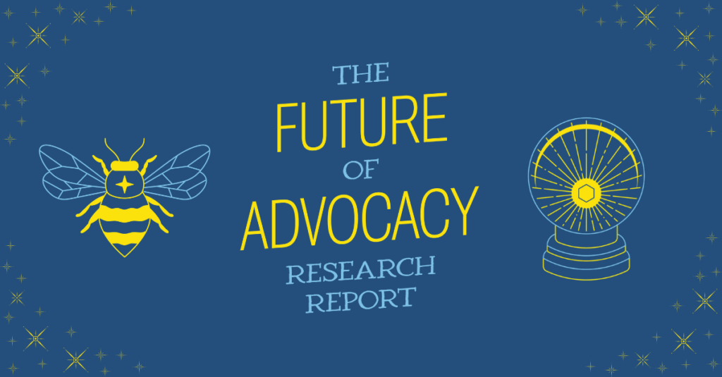 Blue graphic with a yellow bee on the left, a crystal ball on the right, and “The Future of Advocacy Research Report” centered—a glimpse at the annual recap from Beekeeper Group. Star-like decorations accent the corners of the background.