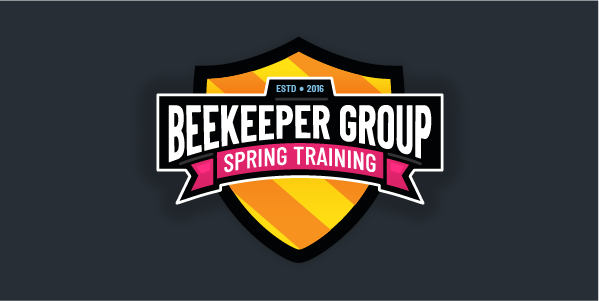 A yellow and orange striped shield badge reads Beekeeper Group Spring Training with ESTD 2016 on a blue banner at the top, and Hive Five Newsletter Spring 2026 details, all set against a dark background.