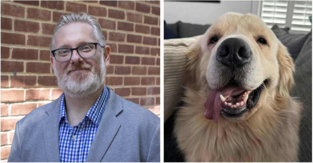 Screenshot 2026-10-09 at 8.54.59 PM A bearded man with glasses poses next to a smiling golden retriever for the Winter 2026 Hive Five Newsletter.
